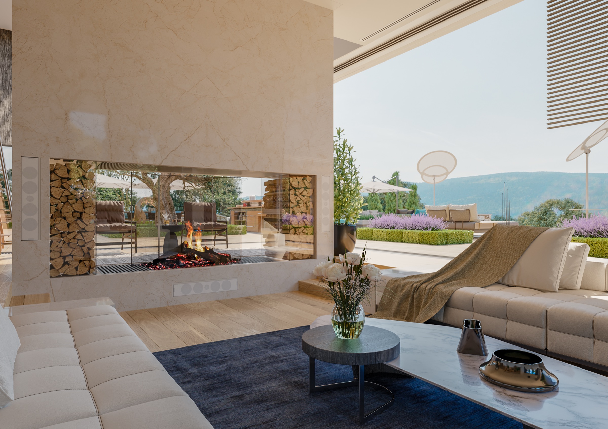 Mediterranean interior with fireplace